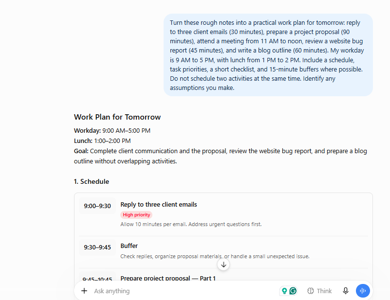 ChatGPT Everyday productivity response